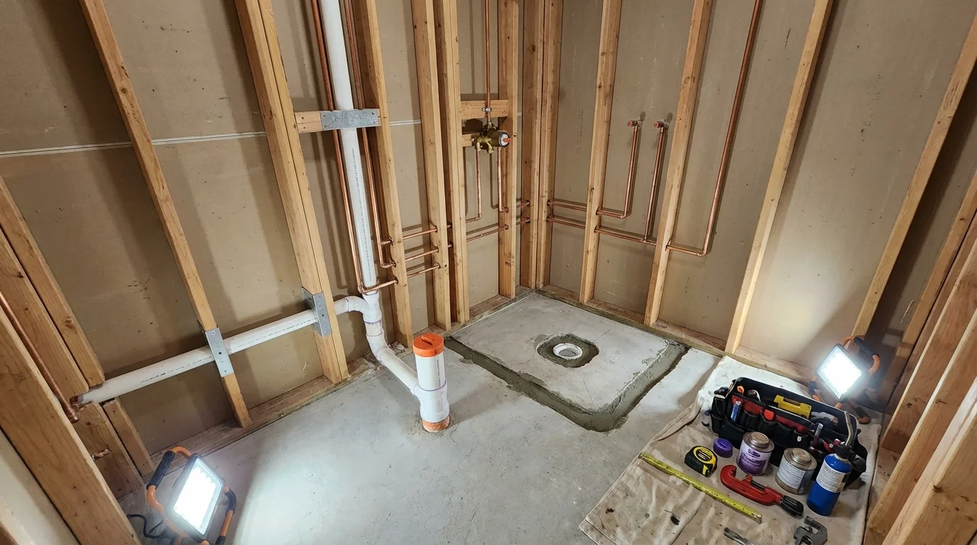 Bathroom rough-in plumbing during remodel by Johns Plumbing LLC in Keokuk