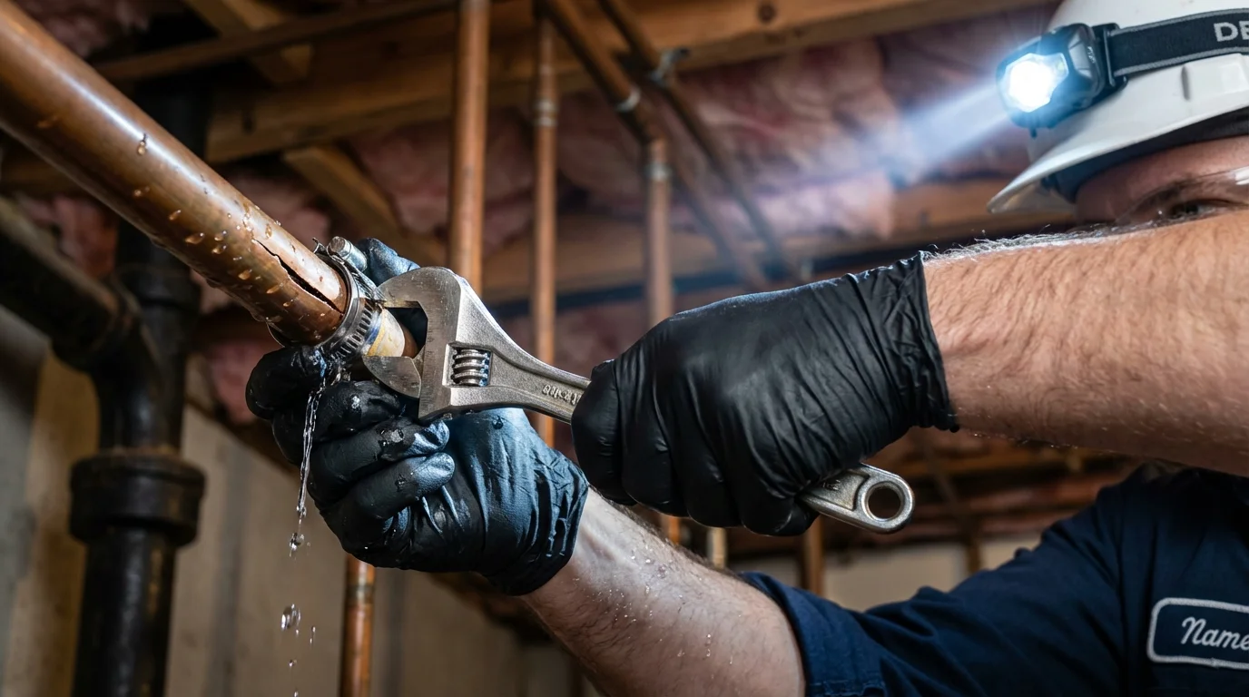 Emergency pipe clamp repair being performed by a Johns Plumbing LLC plumber in Keokuk