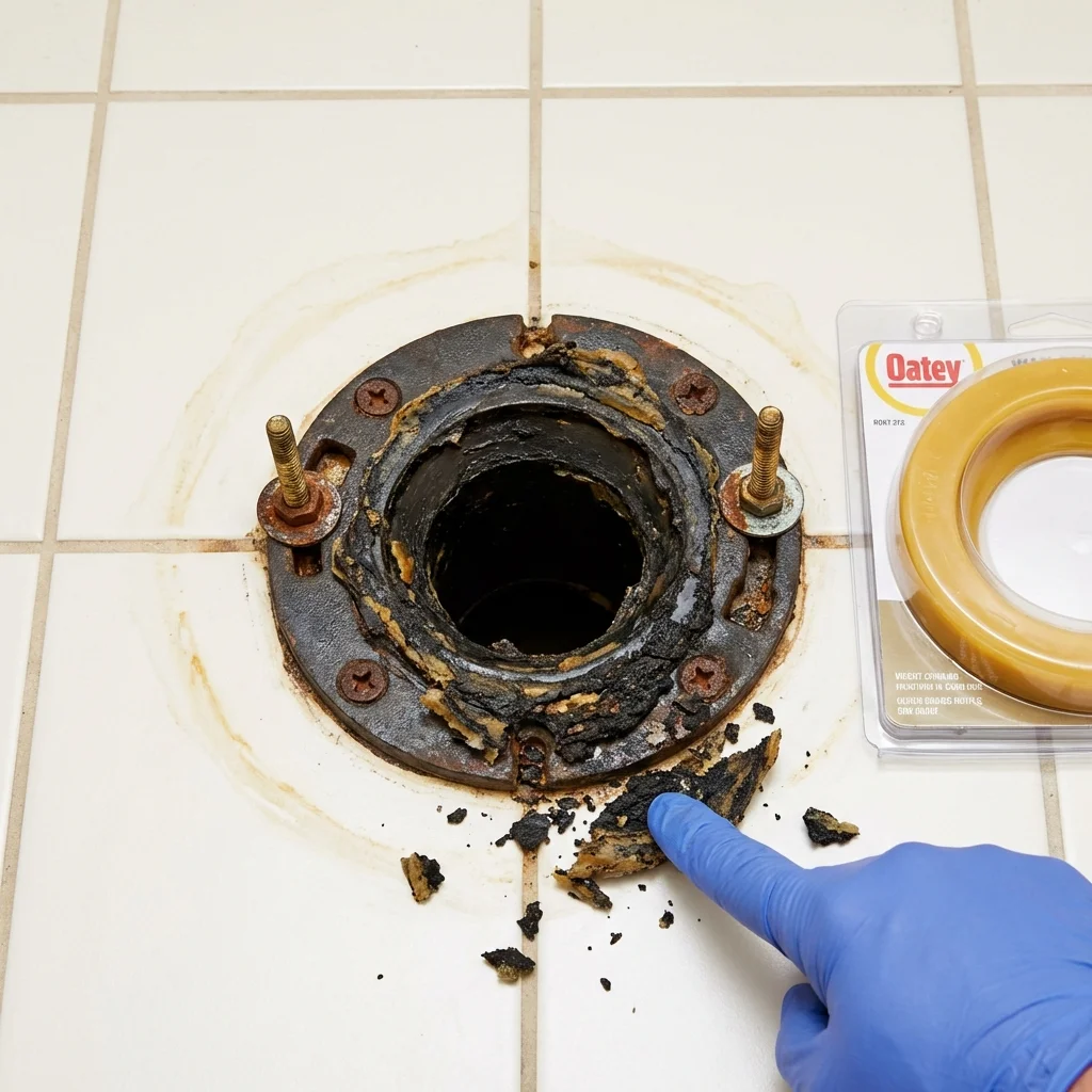 Failed wax ring showing water seepage at the base of a toilet in a Keokuk, IA home
