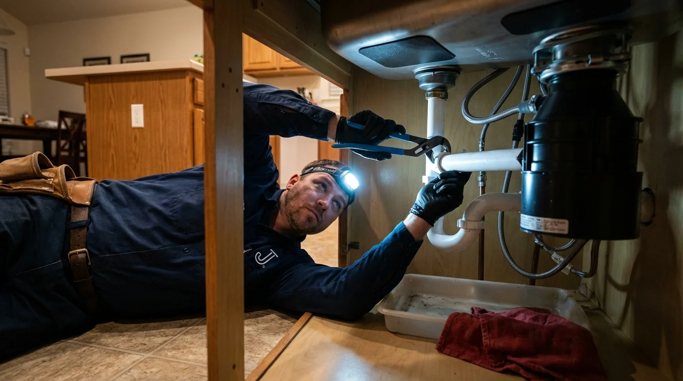P-trap and supply line connections under a kitchen sink showing a common leak point in Keokuk, IA